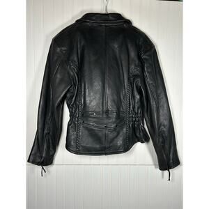 Genuine leather Biker Jacket Black Elastic Cinch Waist Women's 2XL Asymmetrical